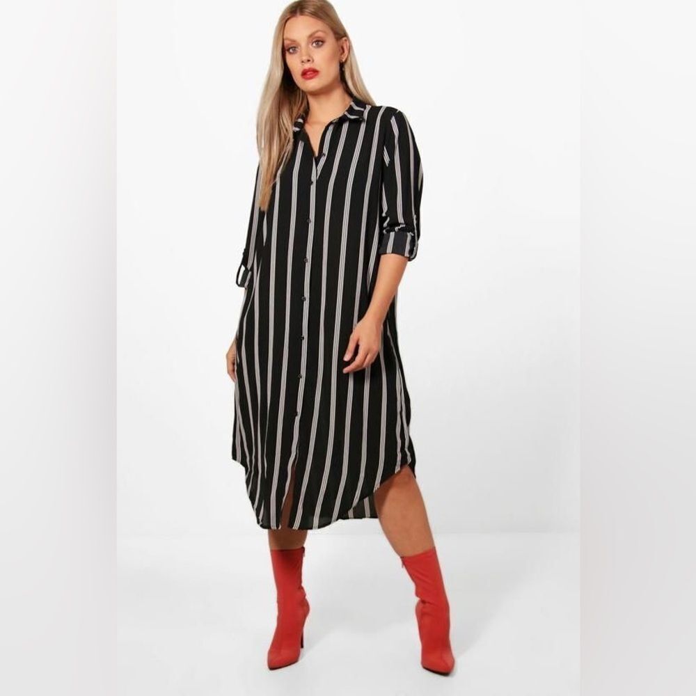Boohoo Striped Black and White Long Shirt Dress - Picture 3 of 8